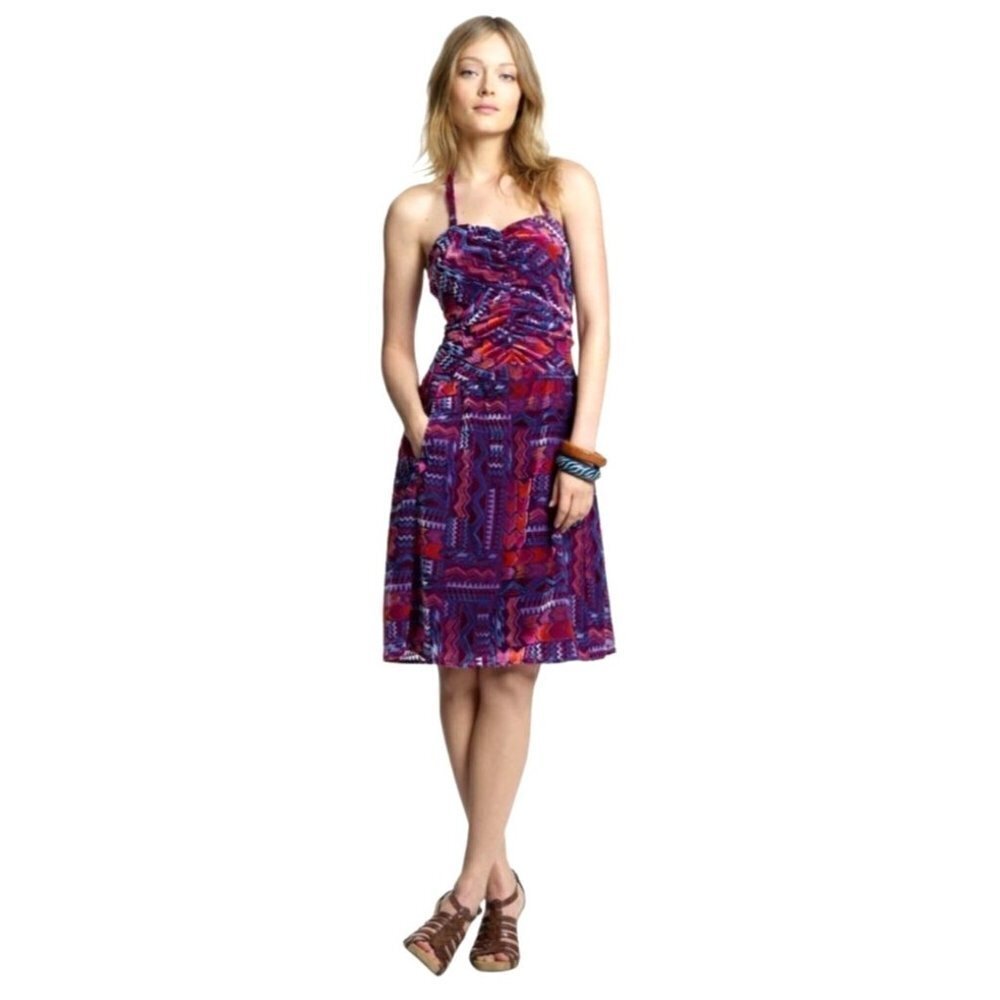 Tucker Purple Velvet Burnout Print Ruched Bodice Halter Neck Dress Size S
